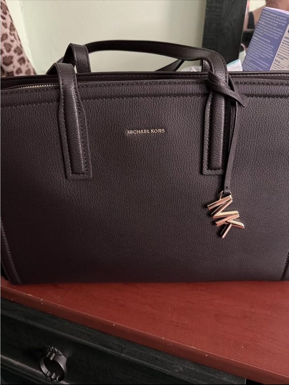 New Michael Kors Dark Brown Leather Laila Tote Bag with Gold Hardware - Picture 6 of 8